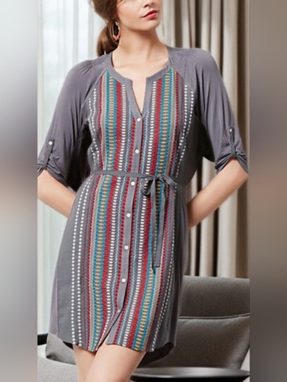Anthropologie Grey Stripe Boho Tunic Mini Dress Tie Waist Tiny Brand, Size XS